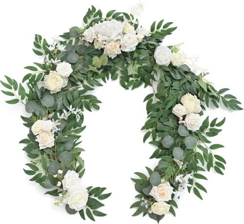 Ling's Moment Guirnalda de Flores - Eucalipto y Rosa de 6 Pies - Decoración de Mesa de Novios para Recepción de Boda, Guirnalda Floral Artificial