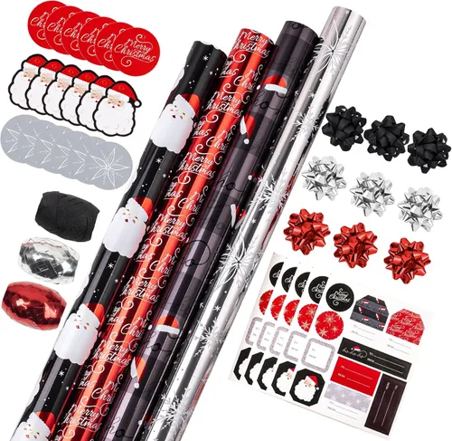 Miniatura 13 de WRAPAHOLIC Rollo de papel de regalo de Navidad de 30 pulgadas - Rollo jumbo rojo, verde y rosa de gnomo de Navidad y elfo festivo, colección de 4