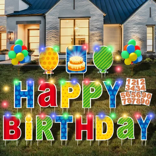 ComboJoy 16 carteles de feliz cumpleaños con estacas, letreros de plástico personalizados con luces LED, 20 calcomanías de números y letras