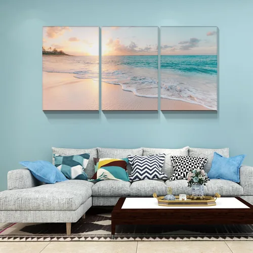 Miniatura 2 de YONICA Lienzo decorativo de 3 paneles para decoración del hogar, mar azul, puesta de sol y playa, pintura, impresión sobre lienzo, paisaje marino