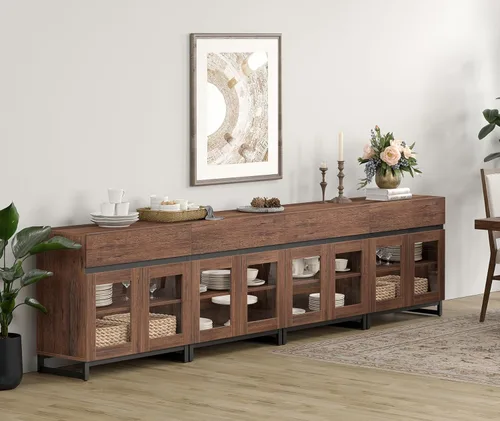 Miniatura 25 de WAMPAT - Gabinetes de aparador con puertas de vidrio, aparador moderno con estante ajustable, gabinete de almacenamiento para barra de café