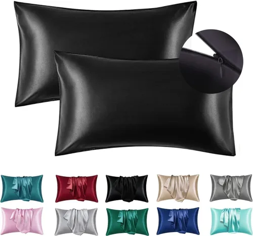 Miniatura 17 de Juwenin Bedding, funda de almohada de satén sedosa súper suave y lujosa con cremallera (funda de almohada de satén sedoso para el cabello), juego