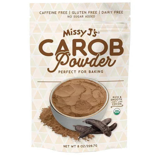 Missy J's Polvo de algarrobo tostado orgánico de 8 onzas, 1 paquete, hecho de algarroba, vegano y sin gluten, sustituto saludable sin cafeína para