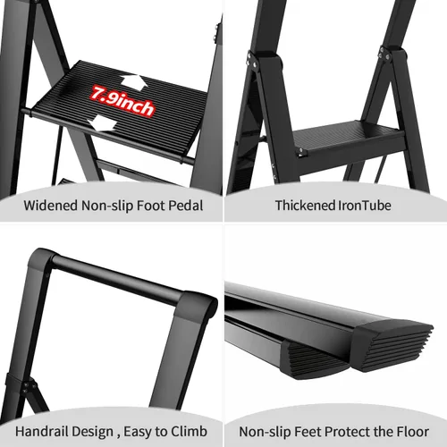 Miniatura 5 de E-riding Escalera de 5 peldaños, taburete plegable, escalera portátil plegable de hierro negro para techo de 10 pies de altura con pedal ancho