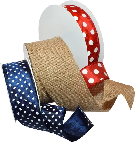 Miniatura 9 de Morex Ribbon Carrete de cinta de satén con alambre de estrellas y rayas, 2-1/2 pulgadas por 3 yardas, rojo/blanco/azul Estrellas y rayas con cable