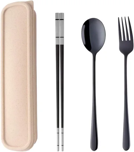 Cubiertos de viaje portátiles, 3 piezas, cuchara, tenedor, palillos, acero inoxidable 18/10, con estuche y bolsa para la escuela, el trabajo, la