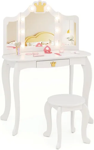 Miniatura 11 de HONEY JOY Tocador Infantil, Juego de Mesa y Silla de Maquillaje Temática de Corona para Niños con Cajón y Espejo Plegable, Espejo Desmontable, Juego