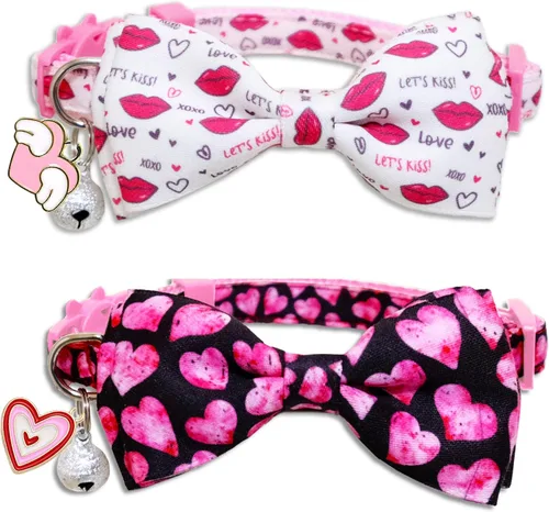 Miniatura 9 de Juego de collar de gato con pajarita de San Valentín con campana, collar de gato con corazón rosa para niños y niñas, gatitos