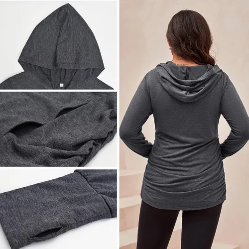 Miniatura 5 de DEBELLY Sudaderas de maternidad de manga larga con cremallera completa, casual, para embarazo, chaqueta con bolsillos, agujero para el pulgar