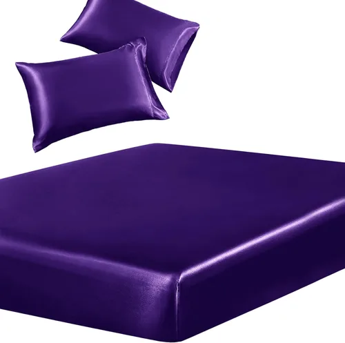 Miniatura 15 de SiinvdaBZX Juego de 3 piezas de sábana bajera de satén tamaño individual y 2 fundas de almohada, color azul bebé, sábana bajera suave y sedosa, sin