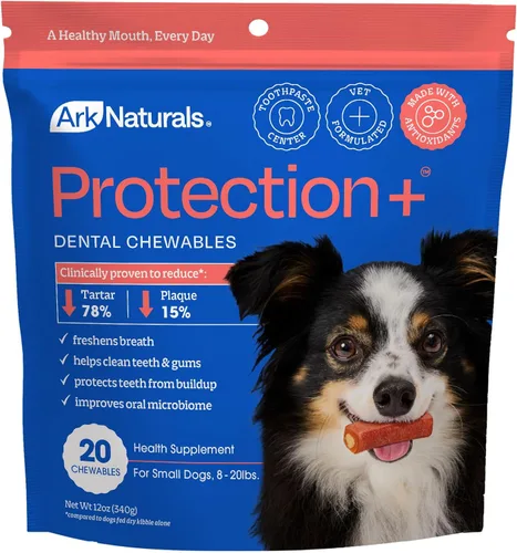ARK Naturals Protection Plus Pasta de dientes sin escobillas para razas pequeñas, bolsa de 12 onzas, masticable dental para perros con centro de