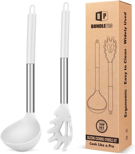 Miniatura 12 de Juego de tenedor y cucharón de silicona para pasta, utensilios de cocina grandes antiadherentes para cocinar, agitar, servir espaguetis, sopa, salsa
