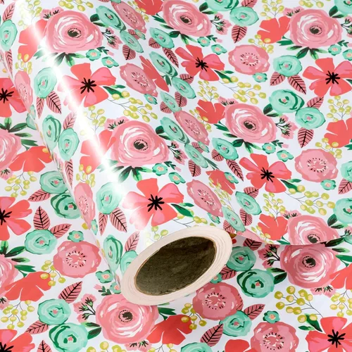 Miniatura 10 de WRAPAHOLIC Papel de regalo floral reversible, mini rollo, 17 pulgadas x 33 pies, diseño floral morado para bodas, cumpleaños, día de San Valentín