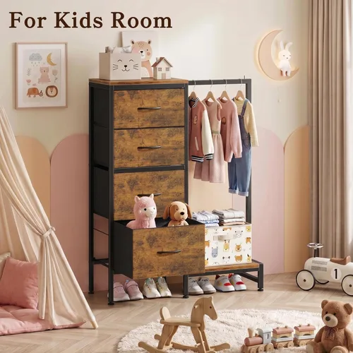 Miniatura 7 de HIGDBFE Cómoda con estante para colgar, armario pequeño de 4 cajones para dormitorio, cómoda de tela reversible para niños con perchero, torre