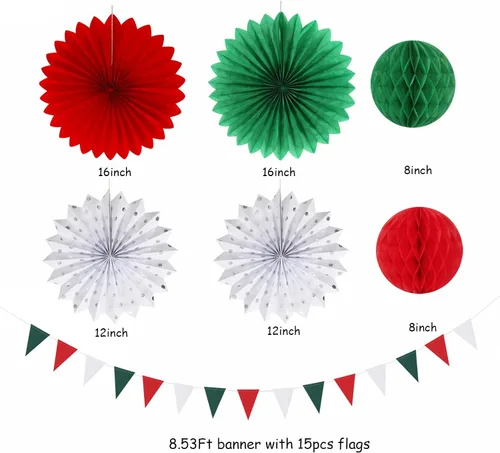 Miniatura 2 de Decoraciones de Fiesta de Navidad Rojo Verde-Blanco - 20 piezas Farolillos de Papel Mexicanos Italianos Abanicos, Pompones de Papel de Seda, Bolas