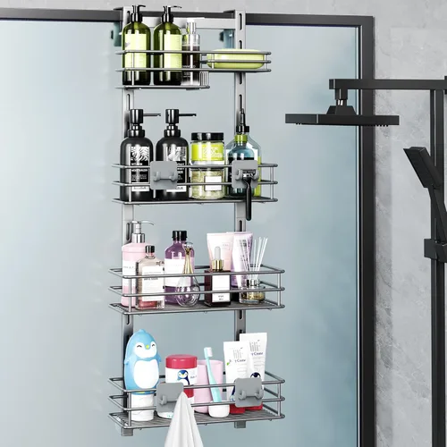 Miniatura 12 de Orimade Organizador de Ducha Sobre la Puerta Ajustable de 3 Niveles Negro, Estante Colgante para Baño a Prueba de Óxido con 4 Ganchos, Organizador