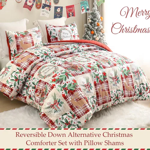 Miniatura 2 de Exclusivo Mezcla - Juego de edredón de Navidad tamaño individual, 2 piezas reversibles, ropa de cama de invierno con patrón de corona de renos