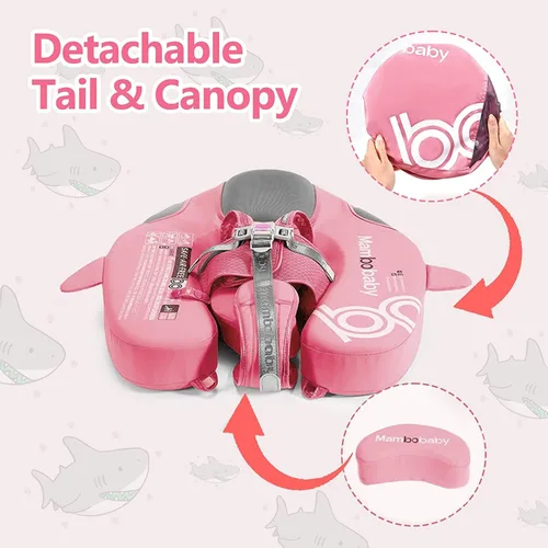 Miniatura 6 de Flotadores Mambobaby con toldo y cola, flotador de bebé no inflable para piscina, con cola para evitar volteo, entrenador de natación para bebés