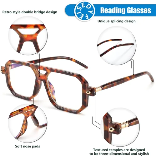 Miniatura 4 de FEISEDY Gafas de lectura vintage cuadradas con bloqueo de luz azul, para mujeres y hombres, de los años 70, planos, estilo aviador, Gafas B0090