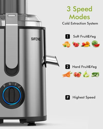 Miniatura 5 de SIFENE Exprimidor centrífugo de 800 W, extractor de jugo de alta potencia con 3.2 pulgadas de boca ancha 3 velocidades de control compacto de acero