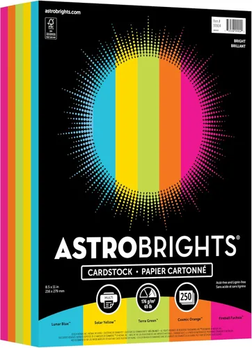 Astrobrights “Bright”- cartulinas 8.5 x 11 pulgadas, 65 libras/ 176 gramos, 5 colores surtidos, 250 hojas (99904)