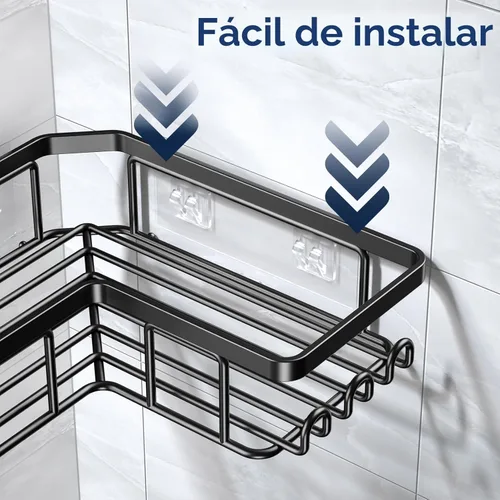 Miniatura 5 de YASONIC Organizador de ducha adhesivo de esquina, con soporte para jabón y 12 ganchos, organizador de baño de acero inoxidable a prueba de óxido