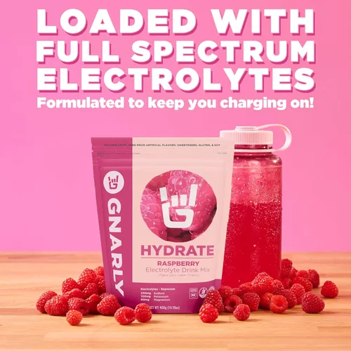 Miniatura 4 de Gnarly Nutrition Hydrate Electrolyte Powder – Mezcla de bebida hidratante para ejercicio de frambuesa – Contenido NSF Certificado – Solución