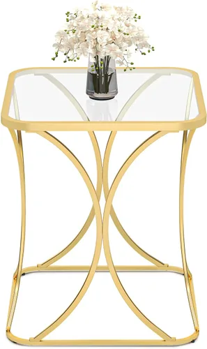 Mesa auxiliar cuadrada de 19.68 pulgadas con parte superior de vidrio templado, elegante marco de metal en forma de X, mesa auxiliar para sala de