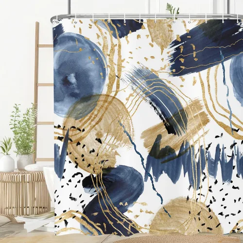 Miniatura 15 de deFouliao Cortina de ducha azul bohemia de mediados de siglo, cortinas de ducha modernas azul marino con líneas doradas minimalistas, impermeables