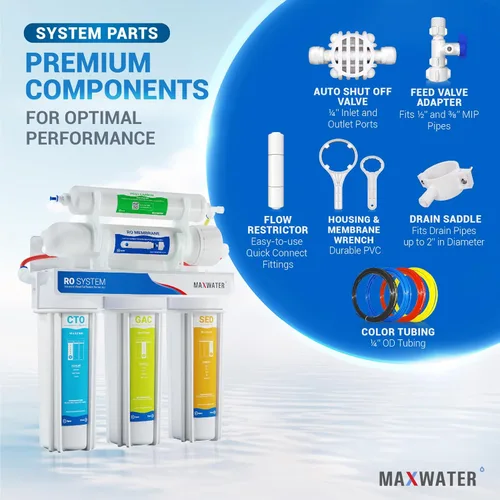 Miniatura 3 de Max Water Sistema de filtración de agua estándar de 5 etapas 50 GPD (galones por día) RO (ósmosis inversa) para trabajo pesado - montaje debajo