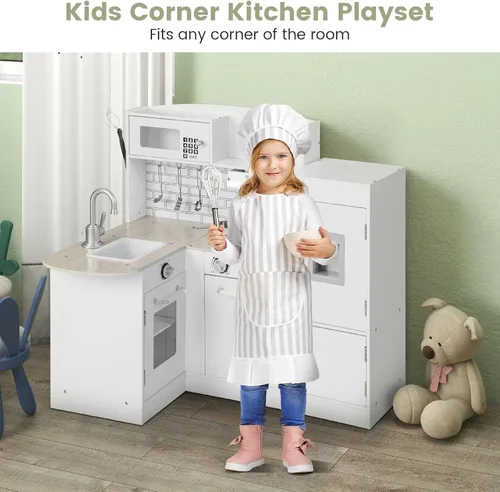 Miniatura 2 de Costzon Juego de cocina esquinera para niños, juego de cocina de madera 8 en 1 con microondas realista, horno, estufa, refrigerador, campana