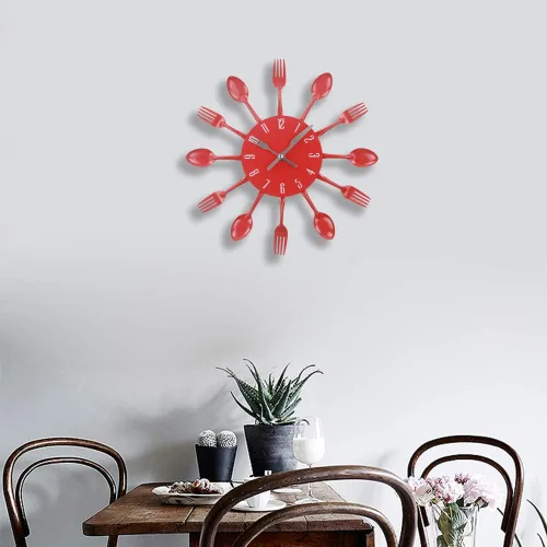 Miniatura 9 de Reloj de pared de cocina, 32x32x4CM, rojo, movimiento de cuarzo, silencioso, diseño creativo