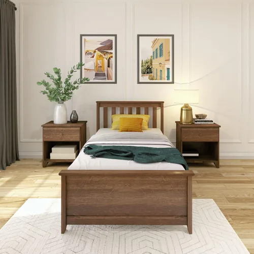 Miniatura 3 de Plank+Beam Estructura de cama individual de madera maciza, cama plataforma con cabecero, color nogal
