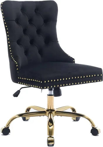 Miniatura 10 de Warmiehomy Silla de oficina con respaldo copetudo, silla de escritorio de terciopelo con base dorada, sillas de maquillaje giratorias de altura