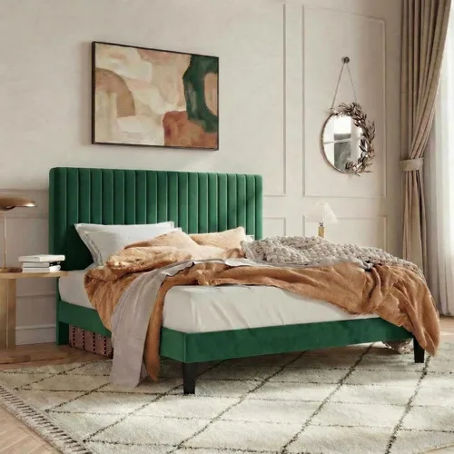 Miniatura 3 de SHA CERLIN - Base de cama tamaño Queen con cabecera acolchada tapizada en terciopelo y diseño acanalado vertical; plataforma de cama con soporte