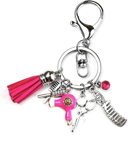 Fuqimanman2020 Peine tijeras secador de pelo llavero con borla y diamante negro encanto peluquero estilista regalo joyería