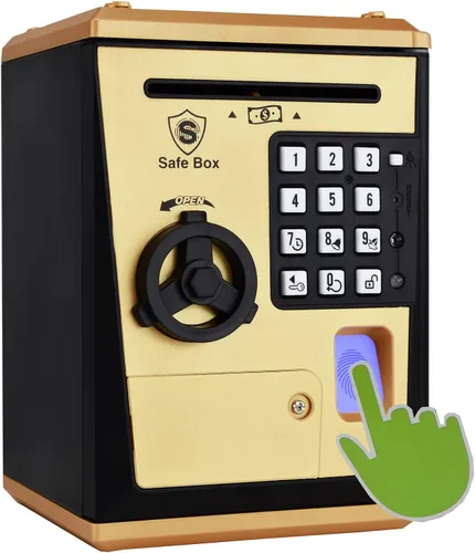 Miniatura 10 de Caja fuerte para niños con contraseña por huella dactilar, alcancía parlante con diseño de cajero automático para dinero real, juguete de regalo