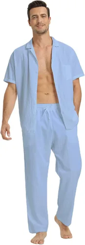 Miniatura 22 de RPOVIG Conjunto de camisa de lino y pantalones: conjuntos de lino de 2 piezas para hombre, camisas de manga corta, pantalones de yoga, trajes