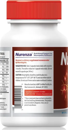 Miniatura 2 de Vita Sciences Suplemento de alivio de neuropatía Nurenza para la salud nerviosa y reparación rápida. Forma natural de R-ALA 40 veces de fuerza