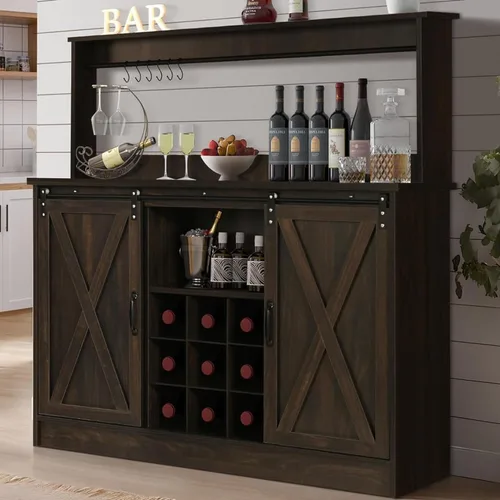 Miniatura 14 de 4ever2buy - Gabinete de café-bar de granja con aparador, gabinete de buffet de 31 pulgadas con puerta corrediza de granero, gabinete de barra