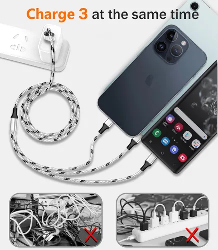 Miniatura 2 de Cable de carga múltiple, paquete de 3 cables de carga múltiple de nailon trenzado múltiple USB universal 3 en 1 adaptador de cable de carga