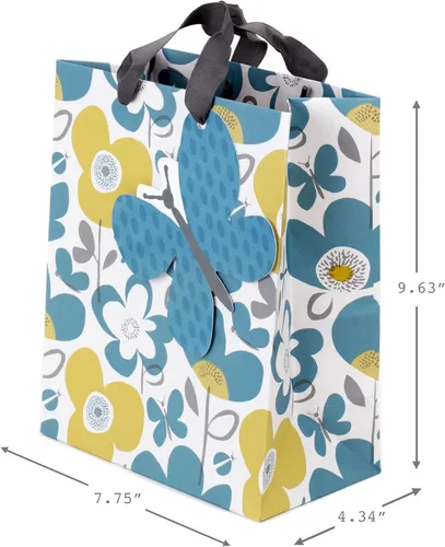 Miniatura 4 de Hallmark Bolsa de regalo mediana de 9" con papel de seda (flores y mariposas; turquesa y amarillo) para cumpleaños, Día de la Madre, despedidas