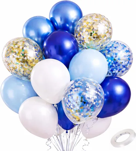 Miniatura 14 de Kit de guirnalda de globos azules y blancos plateados, 60 globos de látex de confeti azul cromado, blanco y plateado de 12 pulgadas para baby