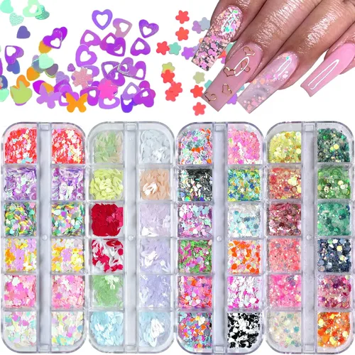 Miniatura 12 de AddFavor Kit de 4 cajas de lentejuelas con purpurina para uñas, formas mixtas, mariposa holográfica, flor, corazón redondo, copos de arte de uñas