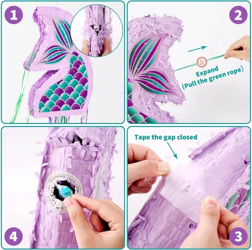 Miniatura 2 de WERNNSAI - Piñata de sirena plegable, piñata de cumpleaños con flecos que incluye cuerda para jalar, venda y bate. Decoraciones