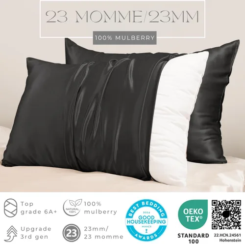 Miniatura 2 de PROMEED Funda de almohada de seda negra de grado 6A+ con cremallera, 23 fundas de almohada de seda de morera natural Momme para cabello y piel, Negro