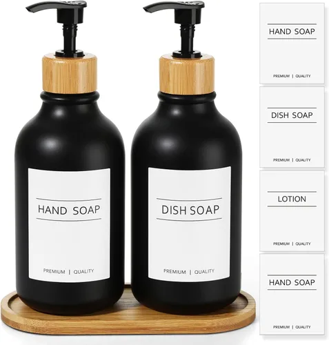 Miniatura 9 de Dispensador de Jabón de Mano Kasunting para Baño, Dispensador de Jabón para Cocina Negro, Juego de Dispensadores de Jabón de Mano y Platos de 17 Fl