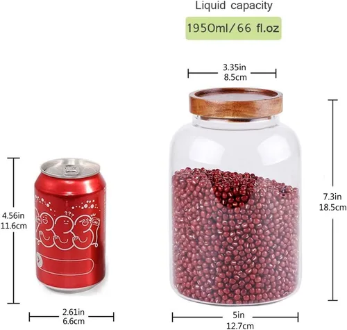 Miniatura 2 de Juego de grandes tarros de vidrio para almacenamiento de alimentos, 66 OZ LÍQUIDAS (1950ml) recipiente de cocina con tapas herméticas de acacia