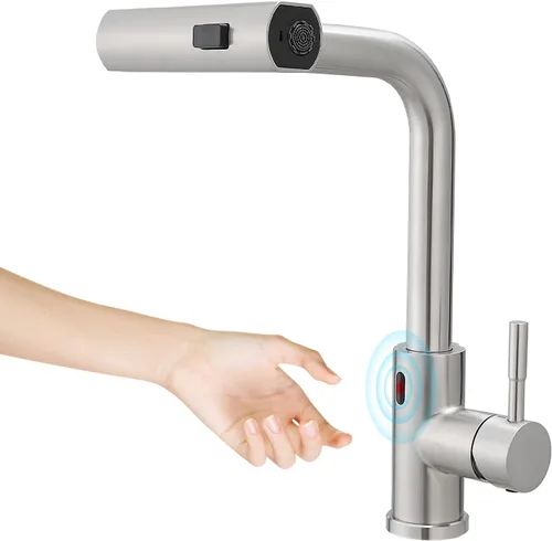 Miniatura 12 de CENOSA Grifo de Cocina sin Contacto con Sensor de Movimiento Manos Libres de Una Sola Manija para Fregadero de Cocina con Rociador Desplegable Negro