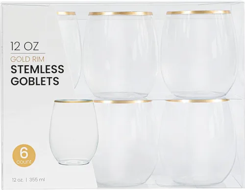 PLASTICPRO Paquete de 12 copas de vino de plástico transparente con borde dorado, sin tallo, desechables, de 12 onzas, sin BPA, vasos de vino de